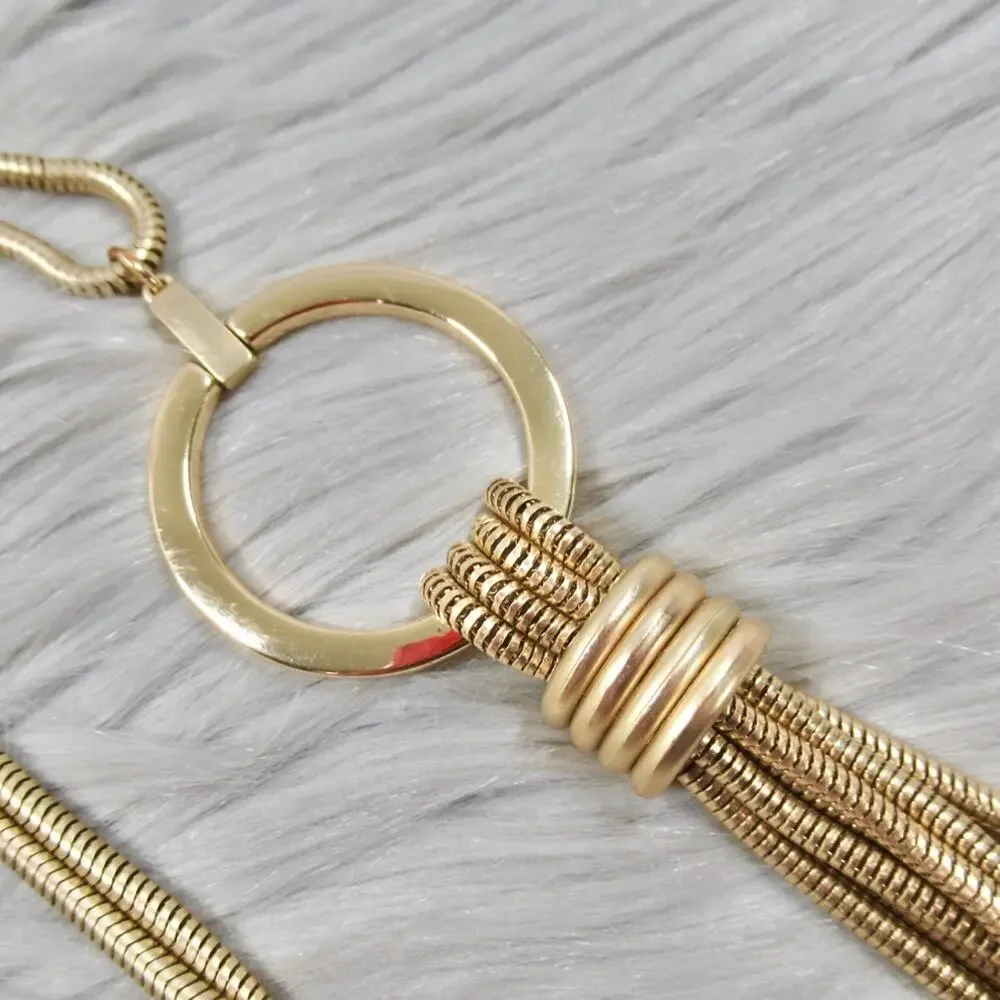 CHICO’S Gabby Pendant Necklace Gold Looped Long Snakechain Tassel
